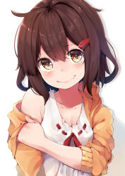 Rule 34 | 1girl, alternate costume, blush, brown eyes, brown hair, closed mouth, collarbone, fang, hair between eyes, hair ornament, hairclip, highres, hood, hoodie, ikazuchi (kancolle), kantai collection, open clothes, open hoodie, orange hoodie, short hair, simple background, skin fang, smile, solo, taisho (gumiyuki), upper body, white background