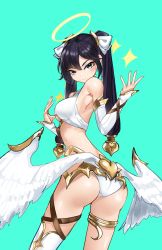 Rule 34 | 1girl, absurdres, alternate costume, angel, armpits, ass, bare shoulders, bent over, black hair, blush, breasts, casul, commentary, detached sleeves, feathered wings, from behind, genshin impact, green eyes, hair between eyes, hair ribbon, halo, halterneck, heart, highres, long hair, long sleeves, looking at viewer, looking back, low wings, mona (genshin impact), panties, ribbon, sidelocks, simple background, single thighhigh, solo, thighhighs, thighlet, thighs, twintails, twisted torso, underboob, underwear, white panties, white wings, wings