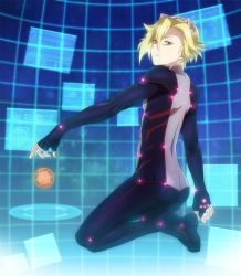 Rule 34 | 10s, 1boy, animal ears, ass, blonde hair, blue background, bodysuit, cat boy, cat ears, daryl yan, from behind, full body, guilty crown, hair ornament, indifference, kneeling, looking back, male focus, nakamura hiro (nobody10ch), purple eyes, short hair, solo