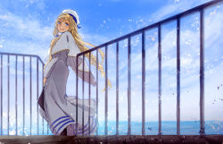 Rule 34 | 1girl, 910 (kujyoo910), alicia florence, aria (manga), bad id, bad pixiv id, beret, blonde hair, blue eyes, blue sky, braid, braided ponytail, capelet, closed mouth, cloud, day, dress, from below, from side, hat, long sleeves, single braid, sky, smile, solo, white dress, white hat