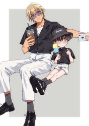 Rule 34 | 2boys, amuro tooru, belt, black footwear, black headwear, black shirt, blonde hair, blue eyes, blush, border, brown hair, buttons, casual, child, closed mouth, clothes writing, collared shirt, commentary request, cup, disposable cup, double scoop, dress shirt, drinking straw, edogawa conan, food, frown, glasses, grey background, hair between eyes, hat, head tilt, highres, holding, holding food, holding phone, ice, ice cream, ice cream cone, ice cube, invisible chair, k (gear labo), male focus, meitantei conan, multiple boys, outside border, pants, phone, selfie, shirt, shoes, short hair, shorts, simple background, sitting, smile, sunglasses, taking picture, white border, white pants, white shorts