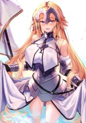 Rule 34 | 1girl, :d, armor, bare shoulders, blonde hair, blue eyes, blush, breasts, commentary request, elbow gloves, fate/apocrypha, fate/grand order, fate (series), flag, fur trim, gloves, headpiece, highres, holding, holding flag, jeanne d&#039;arc (fate), jeanne d&#039;arc (ruler) (fate), large breasts, long hair, looking at viewer, ninoude (ninoude44), open mouth, partially submerged, smile, solo, standing, thighs, water, white background