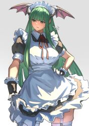 Rule 34 | 1girl, absurdres, alternate costume, ap cammy, apron, bat wings, breasts, collar, commentary, cowboy shot, demon girl, demon wings, enmaided, frills, garter straps, gloves, green eyes, green hair, grey background, hand on own hip, head wings, highres, large breasts, long hair, looking to the side, maid, maid apron, maid headdress, morrigan aensland, puffy short sleeves, puffy sleeves, red ribbon, ribbon, short sleeves, sidelocks, simple background, skindentation, sweatdrop, thighhighs, vampire (game), very long hair, white gloves, wings, wrist cuffs