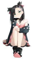Rule 34 | 1girl, absurdres, aqua eyes, asymmetrical bangs, asymmetrical hair, bad id, bad pixiv id, bare shoulders, black footwear, black hair, black jacket, blush, breasts, choker, collarbone, commentary request, creatures (company), dress, earrings, game freak, hair ribbon, highres, holding, holding poke ball, jacket, jewelry, long hair, long sleeves, looking at viewer, marnie (pokemon), nintendo, off-shoulder jacket, off shoulder, pink dress, pink footwear, poke ball, pokemon, pokemon swsh, red ribbon, ribbon, shengtian, simple background, sitting, solo, twintails, white background