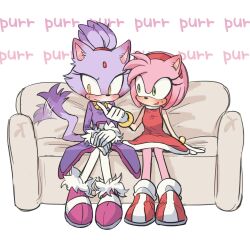 Rule 34 | 2girls, amy rose, blaze the cat, blush, cat girl, couch, dress, eyelashes, forehead jewel, fur-trimmed footwear, fur-trimmed gloves, fur trim, furry, furry female, gloves, gold necklace, green eyes, hairband, hand on another&#039;s chin, highres, jacket, jewelry, multiple girls, necklace, on couch, pants, pink footwear, ponytail, purple fur, purple jacket, purring, red dress, red footwear, sitting, sonic (series), sweatdrop, tail, tail wagging, unneul, white pants, yellow eyes, yuri