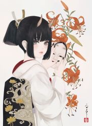 Rule 34 | 1girl, absurdres, black hair, black nails, blunt bangs, brown eyes, closed mouth, cloud print, commentary request, eyeliner, floral print, flower, flower request, from behind, hands up, high ponytail, highres, holding, holding mask, horns, japanese clothes, kimono, light blush, long sleeves, looking at viewer, looking back, mask, nail polish, noh mask, obi, oni horns, orange flower, original, red eyeliner, sash, seal impression, short ponytail, sidelocks, signature, simple background, solo, standing, tears, upper body, ushiyama ame, white background, white kimono