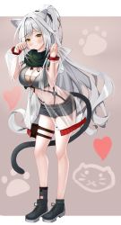 Rule 34 | 1girl, absurdres, animal ears, arknights, bare legs, black footwear, black shirt, black shorts, blouse, breasts, cat ears, cat girl, cat tail, cleavage, closed mouth, crop top, fakey, full body, hands up, highres, jacket, large breasts, long hair, long sleeves, looking at viewer, micro shorts, midriff, navel, open clothes, open jacket, ponytail, scarf, schwarz (arknights), see-through, shirt, shoes, short shorts, shorts, sleeveless, sleeveless shirt, solo, standing, stomach, tail, thigh strap, thighs, very long hair, white hair, yellow eyes