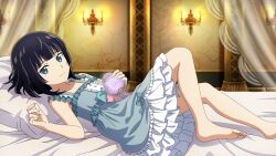 Rule 34 | 1girl, bare arms, barefoot, bed sheet, black hair, blue dress, blue eyes, blunt bangs, candelabra, candlestand, closed mouth, curtains, dress, game cg, highres, holding, indoors, layered dress, looking at viewer, lying, medium hair, mole, mole under eye, official art, on back, pillow, premiere (sao), short dress, sleepwear, sleeveless, sleeveless dress, smile, soles, solo, straight hair, sword art online, sword art online last recollection, white dress