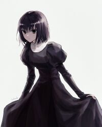 Rule 34 | 1girl, black dress, black eyes, black hair, closed mouth, commentary request, dress, expressionless, habit, hair between eyes, highres, juliet sleeves, kuonji alice, long sleeves, looking at viewer, mahou tsukai no yoru, puffy sleeves, short hair, signature, simple background, solo, white background, yumeko (fgo39625963)