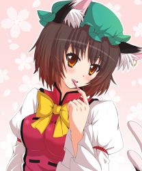 Rule 34 | 1girl, adapted costume, aged up, animal ears, arm ribbon, blush, breasts, brown hair, cat ears, cat tail, chen, cherry blossoms, claws, earrings, fang, finger to mouth, floral background, gradient background, hat, highres, jewelry, long sleeves, looking at viewer, mob cap, multiple tails, open mouth, orange eyes, pink background, ribbon, short hair, single earring, solo, tabard, tail, touhou, utakata (azaka00)