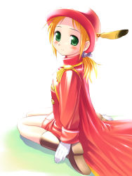 Rule 34 | 1990s (style), 1girl, blonde hair, blush, boots, cape, feathers, final fantasy, final fantasy v, gloves, green eyes, hat, hima, krile mayer baldesion (ff5), looking back, miniskirt, ponytail, red mage (final fantasy), retro artstyle, skirt, smile, solo