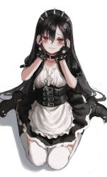 Rule 34 | 1girl, absurdres, apron, black footwear, black hair, blush, boots, breasts, corset, cross, dress, fingerless gloves, frills, full body, gloves, gold can, hair between eyes, hairband, highres, long hair, looking at viewer, maid apron, original, puffy sleeves, red eyes, short sleeves, simple background, sitting, skirt, smile, solo, spikes, thighhighs, very long hair, waist apron, wariza, white apron, white background, white thighhighs