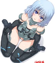 Rule 34 | 10s, 1girl, :d, bad id, bad pixiv id, black gloves, black thighhighs, blue hair, blush, dd (ijigendd), elbow gloves, eyebrows, frame arms girl, from above, gloves, looking at viewer, materia (frame arms girl), materia kuro, mecha musume, numbered, open mouth, panties, purple eyes, shadow, short hair, simple background, sitting, smile, solo, thighhighs, underwear, wariza, white background, white panties