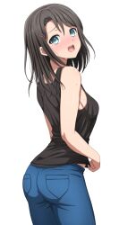 Rule 34 | 1girl, absurdres, ass, bang dream!, black hair, black tank top, blush, breasts, commentary request, denim, highres, jeans, long hair, looking at viewer, looking to the side, midriff peek, noshimurin, okusawa misaki, paid reward available, pants, sideboob, simple background, small breasts, sweat, tank top, white background