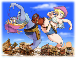 Rule 34 | 2girls, blonde hair, blood, blue eyes, blue skin, blue sky, blush, breasts, clenched teeth, cloud, colored skin, commentary request, cowboy hat, cowboy western, cutoffs, dark persona, day, dual persona, ellie winslet, fringe trim, front-tie top, giant, giantess, hat, holster, joints, kicking, large breasts, long hair, mechanization, midriff, multiple girls, nosebleed, original, plump, red eyes, robot joints, shirt, sign, skindentation, sky, teeth, tied shirt, underboob, vest, yabataso