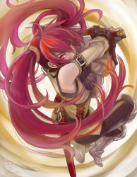 Rule 34 | 10s, 1girl, 2013, armor, belt, dated, detached sleeves, fighting stance, fingerless gloves, fire emblem, fire emblem awakening, from above, frown, gloves, glowing, glowing eyes, greaves, hair between eyes, holding, long hair, looking at viewer, nintendo, otoka hisagi, pants, red eyes, red hair, serious, severa (fire emblem), shield, signature, solo, striped, sword, twintails, vertical stripes, weapon