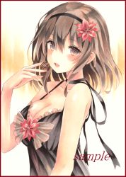 Rule 34 | 1girl, babydoll, bad id, bad pixiv id, blush, breasts, brown eyes, brown hair, chocolate, colored pencil (medium), eating, food, from side, hair between eyes, hairband, holding, holding chocolate, holding food, large breasts, lingerie, looking at viewer, marker (medium), open mouth, original, potto, sample watermark, smile, solo, traditional media, underwear, watermark