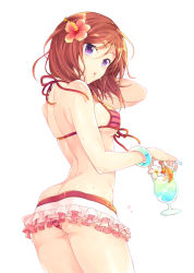 Rule 34 | 10s, 1girl, :o, ass, bikini, bracelet, breasts, butt crack, covered erect nipples, cowboy shot, flower, frilled bikini, frills, front-tie top, hair flower, hair ornament, hibiscus, jewelry, looking at viewer, looking back, love live!, love live! school idol project, natsugayo, natsuiro egao de 1 2 jump!, nishikino maki, purple eyes, red hair, shiny skin, short hair, simple background, skindentation, solo, strap gap, striped bikini, striped clothes, swimsuit, white background
