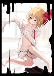 Rule 34 | 1girl, barefoot, black border, blonde hair, bloomers, border, collared shirt, commentary request, flat chest, full body, hair ribbon, highres, indoors, long sleeves, lumo 1121, navel, no bra, off shoulder, open clothes, open shirt, red eyes, red ribbon, ribbon, rumia, shirt, short hair, sitting, solo, touhou, underwear, undressing, white shirt, wing collar