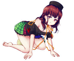 Rule 34 | 1girl, all fours, bad id, bad pixiv id, bare legs, barefoot, brown eyes, brown hair, chain, clothes writing, collar, hat, hecatia lapislazuli, long hair, looking at viewer, multicolored clothes, multicolored skirt, off shoulder, shirt, simple background, skirt, solo, touhou, uranaishi (miraura)