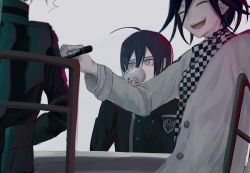 Rule 34 | 3boys, :d, ahoge, black hair, black jacket, brown eyes, chair, checkered clothes, checkered scarf, closed eyes, commentary request, cup, danganronpa (series), danganronpa v3: killing harmony, gakuran, grey background, grey jacket, hair between eyes, highres, holding, holding cup, holding pen, iumi urura, jacket, k1-b0, long sleeves, male focus, multiple boys, oma kokichi, open mouth, pen, saihara shuichi, scarf, school uniform, short hair, simple background, sitting, smile, striped clothes, striped jacket, table, teeth, upper body, upper teeth only