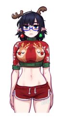 Rule 34 | 1girl, antlers, artist name, black hair, blue-framed eyewear, blush, blushyspicy, breasts, christmas sweater, cowboy shot, cropped legs, cropped sweater, dolphin shorts, earrings, expressionless, fake antlers, horns, jewelry, large breasts, medium hair, mole, mole under eye, navel, original, outline, pointy ears, red shorts, red sweater, reindeer antlers, shorts, simple background, solo, stomach, sweater, vivian seong (blushyspicy), white outline
