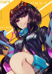 Rule 34 | 1girl, absurdres, bare legs, black gloves, black hair, breasts, caiman pool, fate/grand order, fate (series), gloves, goggles, goggles on head, grin, gun, highres, jacket, medium breasts, navel, osakabehime (fate), osakabehime (swimsuit archer) (fate), purple eyes, smile, smirk, solo, thigh strap, thighs, weapon