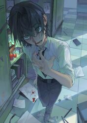 1boy artist_name bandaid bandaid_on_hand black_hair black_necktie black_pants blood blood_on_paper boxcutter candle degrees_of_lewdity eraser green_eyes hallway hanstrmoft highres holding holding_boxcutter kylar_(degrees_of_lewdity) locker looking_at_viewer necktie nosebleed open_mouth pants paper shirt short_hair sleeves_rolled_up sweat white_shirt