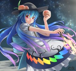Rule 34 | 1girl, above clouds, blue hair, cloud, dress, food, fruit, hat, highres, hinanawi tenshi, layered dress, leaf, long hair, night, night sky, peach, puffy short sleeves, puffy sleeves, red eyes, short sleeves, signature, sky, smile, soba chatarou (tita), solo, sword of hisou, touhou, very long hair