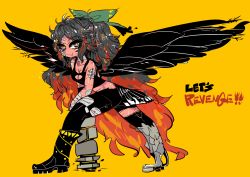 Rule 34 | 1girl, :t, absurdly long hair, alternate costume, alternate skin color, arm cannon, bandaged arm, bandaged leg, bandages, black footwear, black hair, black pants, black sclera, black shirt, black wings, boots, bow, breasts, cleavage, colored sclera, colored skin, cuts, english text, engrish text, feathered wings, full body, hair bow, heterochromia, injury, long hair, looking at viewer, medium breasts, pants, pout, prosthesis, prosthetic leg, ranguage, red skin, reiuji utsuho, scratches, shirt, simple background, single boot, solo, tank top, thighs, torn clothes, torn pants, torn shirt, touhou, very long hair, weapon, wings, yellow background, yellow pupils, yt (wai-tei)