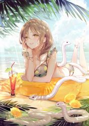 Rule 34 | 1girl, absurdres, animal, artist name, bare arms, bare legs, barefoot, beach, bikini, breasts, brown hair, cleavage, commentary, cup, day, drink, drinking glass, drinking straw, earrings, feet up, fingernails, food, fruit, full body, gomzi, hand on own cheek, hand on own face, highres, jewelry, lemon, lemon print, light rays, long fingernails, long hair, lying, medium breasts, multi-strapped bikini, nail polish, ocean, on stomach, original, outdoors, parted lips, print bikini, smile, snake, sunbeam, sunlight, swimsuit, water, white nails, yellow eyes