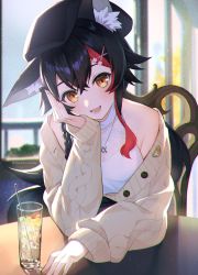 Rule 34 | 1girl, animal ears, beige cardigan, black hair, black hat, braid, cafe, cardigan, chair, commentary, cup, drinking glass, drinking straw, hair ornament, hairclip, hat, head rest, highres, hololive, ice, ice cube, jewelry, konatsu hare, long hair, long sleeves, looking at viewer, multicolored hair, necklace, ookami mio, ookami mio (street), open mouth, orange eyes, shirt, sidelocks, single braid, sitting, solo, streaked hair, table, twitter username, upper body, virtual youtuber, white shirt, wolf ears, wolf girl