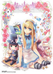 Rule 34 | alice (alice in wonderland), alice in wonderland, bad id, bad pixiv id, blonde hair, blush, bow, card, card creature, dress, flower, hair bow, hairband, heart, person on card, playing card, solo, striped clothes, striped thighhighs, thighhighs, zenyu