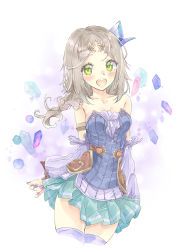 Rule 34 | 1girl, absurdres, armlet, arms at sides, atelier (series), atelier firis, bad id, bad pixiv id, bare shoulders, blush stickers, braid, braided ponytail, breasts, brown hair, circlet, cleavage, commentary request, detached sleeves, firis mistlud, frills, gem, green eyes, hair ornament, highres, looking at viewer, miniskirt, miyama leaves, nail polish, open mouth, pastel colors, pleated skirt, skirt, small breasts, smile, solo, thighhighs, thighs, white background, zettai ryouiki