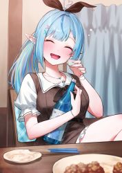 Rule 34 | 1girl, :d, absurdres, ahoge, blue hair, blush, bottle, braid, braided bangs, brown dress, chopsticks, closed eyes, commentary request, cup, dress, elf, food, green hair, hair ornament, hair ribbon, heart, heart ahoge, highres, holding, holding bottle, holding cup, hololive, indoors, long hair, looking at viewer, multicolored hair, nemoto yuuma, open mouth, orange hair, plate, pointy ears, ponytail, puffy short sleeves, puffy sleeves, red hair, ribbon, short sleeves, smile, solo, streaked hair, virtual youtuber, x hair ornament, yukihana lamy, yukihana lamy (casual)