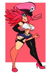 Rule 34 | 1girl, blue eyes, breasts, character name, cleavage, crop top, detached sleeves, hand on own hip, hat, high heels, highres, jellot, legs, midriff, navel, pink hair, pink lips, poison (final fight), shorts, solo, street fighter, thighs