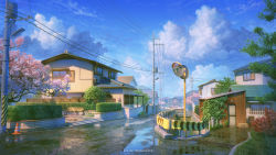Rule 34 | artist name, blue sky, building, bush, cherry blossoms, cloud, commentary request, dankalaning, day, door, english text, grass, highres, house, japan, kyoto, lamppost, no humans, original, plant, power lines, railing, reflection, reflective water, road, scenery, sky, tree, utility pole, water drop, window