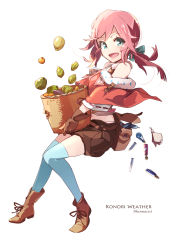 Rule 34 | 1girl, :d, bad id, bad pixiv id, basket, belt, boots, bottle, character name, english text, food, fruit, green eyes, hair ribbon, highres, open mouth, original, pemu, pink hair, pomon illust, ponytail, pouch, ribbon, shorts, sidelocks, simple background, smile, solo, thighhighs, vial, white background, zettai ryouiki