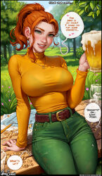Rule 34 | 1girl, absurdres, alcohol, arm support, aroma sensei, beer, beer mug, belt, bench, blue sky, bralines, breasts, cup, english text, freckles, grass, green eyes, green pants, highres, jewelry, large breasts, lips, looking at viewer, mug, necklace, orange hair, pants, paper, pencil, ponytail, ring, robin (stardew valley), sitting, sky, smile, solo, speech bubble, stardew valley, tree, wood