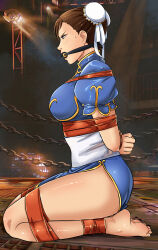Rule 34 | 1girl, absurdres, arms behind back, ass, barefoot, bdsm, bit gag, body blush, bondage, bound, bound ankles, bound arms, bound legs, bound wrists, breasts, brown eyes, brown hair, bun cover, capcom, chain, chinese clothes, chun-li, double bun, from side, gag, gagged, hair bun, highres, improvised gag, kneeling, large breasts, legs, long legs, lost one zero, nail polish, seiza, short hair, sitting, street fighter, sweat, tape, tape bondage