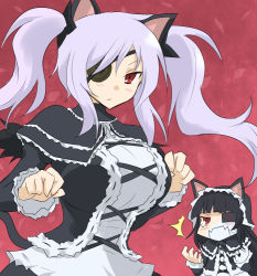 Rule 34 | 10s, 2girls, ^^^, alternate costume, animal ears, black hair, blush, breast envy, breasts, cat ears, cat tail, cosplay, eyepatch, fang, gothic lolita, huge breasts, large breasts, lolita fashion, looking at viewer, mirai (senran kagura), mirai (senran kagura) (cosplay), multiple girls, open mouth, oro (zetsubou girl), paw pose, red eyes, senran kagura, tail, tears, twintails, white hair, yagyu (senran kagura)