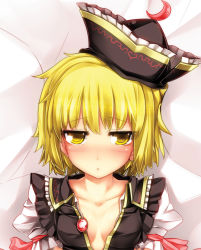 Rule 34 | 1girl, bad id, bad pixiv id, blonde hair, blush, breasts, collarbone, crescent, female focus, hat, kazetto, lunasa prismriver, lying, medium breasts, no bra, on back, open clothes, short hair, solo, touhou, yellow eyes