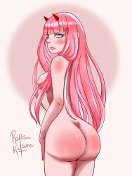 Rule 34 | 1girl, ass, blush, breasts, darling in the franxx, hair over breasts, highres, horns, huge ass, long hair, medium breasts, nude, oni horns, open mouth, pink hair, red horns, solo, straight hair, very long hair, zero two (darling in the franxx)