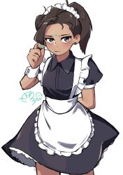Rule 34 | 1girl, alternate costume, animification, apex legends, apron, arm behind back, black dress, brown eyes, brown hair, collared dress, commentary, dark-skinned female, dark skin, dress, earrings, enmaided, eyebrow cut, facial mark, forehead mark, frown, hair behind ear, holding, holding own hair, jewelry, looking at viewer, maid, mole, mole above mouth, puffy short sleeves, puffy sleeves, rampart (apex legends), short sleeves, simple background, solo, suru melon, waist apron, white apron, white background