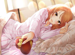 Rule 34 | 10s, 1girl, blush, box, brown eyes, brown hair, fingernails, frilled pillow, frills, gift, gift box, heart-shaped box, hojo karen, idolmaster, idolmaster cinderella girls, incoming gift, lens flare, long fingernails, long hair, long sleeves, looking at viewer, lying, mk (mod0), nail polish, on bed, on side, open mouth, pajamas, pants, pillow, pink nails, pov across bed, shirt, smile, solo, striped clothes, striped pants, striped shirt, under covers, vertical-striped clothes, vertical-striped pants, vertical-striped shirt