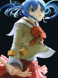 Rule 34 | 1girl, absurdres, black background, blue eyes, blue hair, bow, bowtie, commentary, cube hair ornament, hair ornament, highres, long sleeves, looking at viewer, looking down, naganohara mio, nichijou, open mouth, outstretched hand, pakkun, plaid, plaid skirt, red bow, red skirt, sailor collar, school uniform, shirt, short hair, short twintails, simple background, skirt, solo, tokisadame school uniform, twintails, yellow shirt