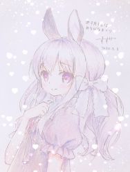 Rule 34 | 1girl, animal ears, blue background, blush, bow, chitosezaka suzu, closed mouth, commentary request, dated, dress, hair between eyes, hair bow, hand up, heart, heart background, highres, original, puffy short sleeves, puffy sleeves, purple dress, purple eyes, purple hair, rabbit ears, short sleeves, smile, solo, traditional media, translation request, upper body, white bow