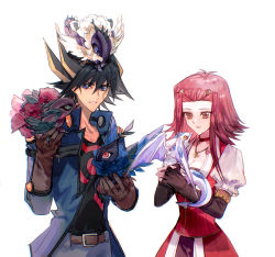 Rule 34 | 1boy, 1girl, belt, black hair, blonde hair, blue eyes, blue rose dragon, breasts, brown eyes, brown gloves, choker, cleavage, collarbone, dragon, dragon on head, dress, duel monster, fingerless gloves, fudo yusei, gloves, highres, izayoi aki, jacket, jewelry, juliet sleeves, long sleeves, multicolored hair, naoki (2rzmcaizerails6), necklace, open clothes, open jacket, parted lips, puffy sleeves, red hair, red rose dragon, simple background, stardust wurm, streaked hair, two-tone hair, white background, white rose dragon, yu-gi-oh!, yu-gi-oh! 5d&#039;s