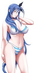Rule 34 | 1girl, blue hair, bra, breasts, choker, game cg, hair ribbon, ikazaki reia, large breasts, legs, long hair, looking at viewer, navel, p/a: potential ability, panties, ribbon, sei shoujo, simple background, solo, standing, striped clothes, striped panties, thighs, underwear, white background, yellow eyes
