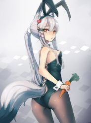 Rule 34 | 1girl, animal ears, ass, bad id, bad tumblr id, bare shoulders, bee (deadflow), bell, black pantyhose, blush, breasts, carrot, concon-collector, cowboy shot, detached collar, fake animal ears, flower, fox ears, fox tail, from behind, grey hair, hair bell, hair between eyes, hair flower, hair ornament, hair ribbon, jingle bell, leotard, long hair, looking at viewer, looking back, original, pantyhose, playboy bunny, ponytail, rabbit ears, red eyes, red ribbon, ribbon, sideboob, small breasts, solo, standing, tail, tress ribbon, tsurime, wrist cuffs